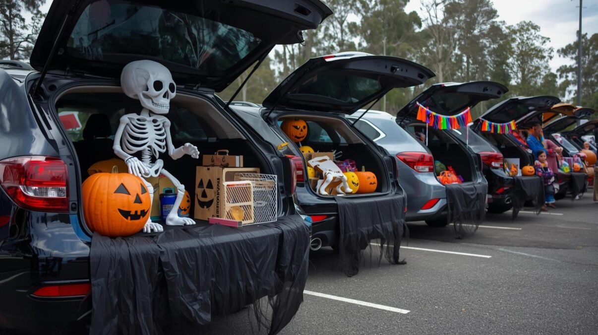 Skeleton-themed trunk or treat car with bone decorations and orange pumpkins