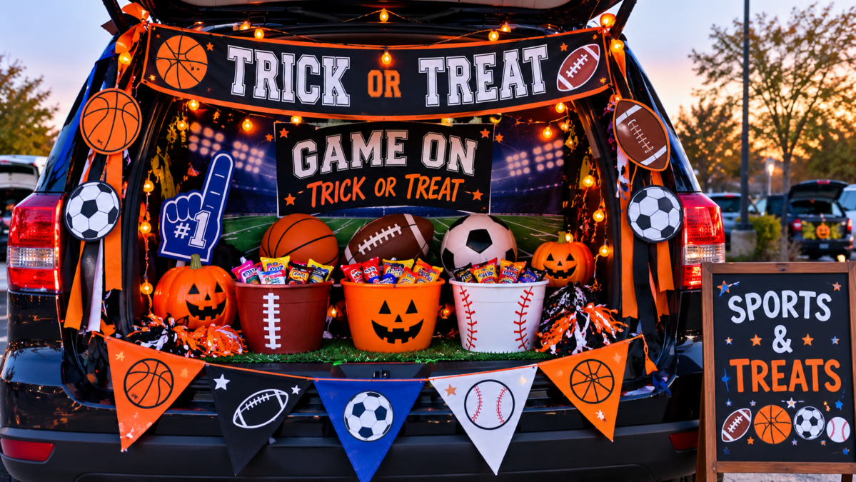 Sports-themed trunk or treat car with footballs, basketballs, pumpkins, and Halloween lights