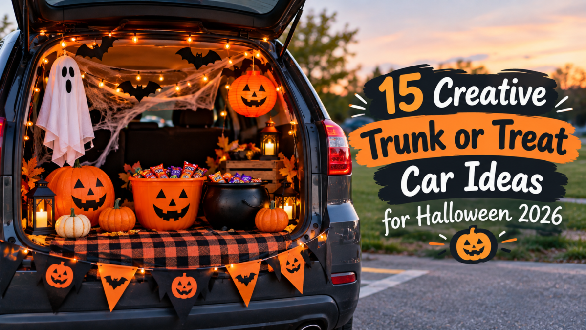 Trunk or treat car ideas with pumpkins, ghosts, and Halloween lights