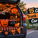 Trunk or treat car ideas with pumpkins, ghosts, and Halloween lights