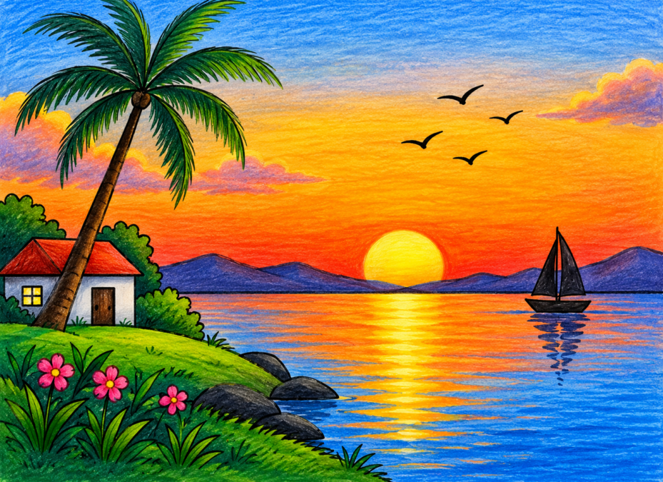 beautiful sunset drawing for beginners