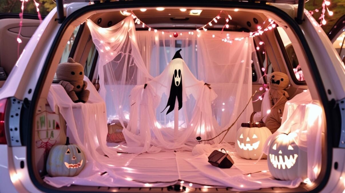 Friendly ghost trunk or treat car with white ghost decorations and purple lights