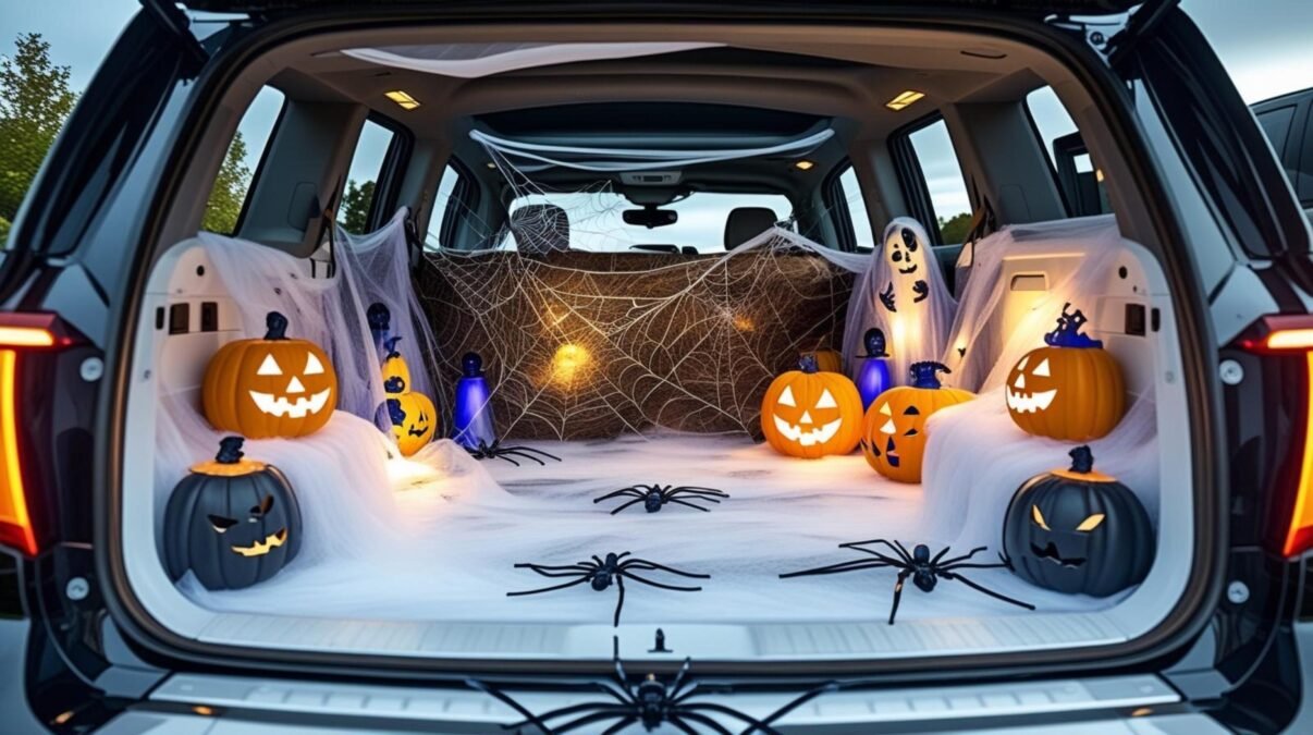 Trunk or treat car ideas with pumpkins, ghosts, and Halloween lights