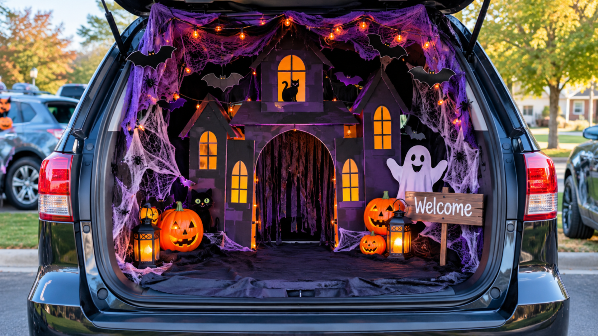 Haunted house trunk or treat car with cardboard house decorations and Halloween lights