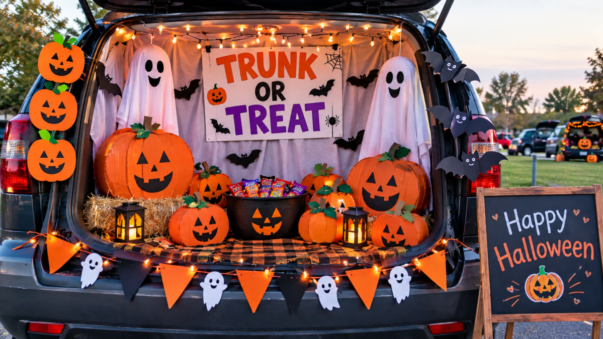 Budget-friendly DIY trunk or treat car with handmade pumpkins, paper ghosts, and simple Halloween decorations